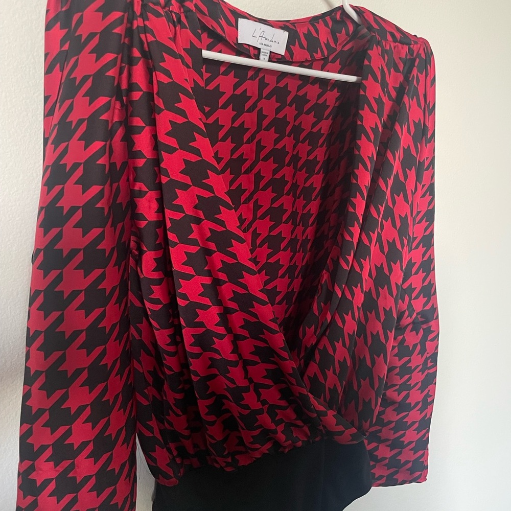 L'Academie Vibrant Red and Black Houndstooth Top